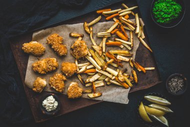Ev yapımı çıtır tavuk nuggetları ve havuç, patates ve havuçtan yapılmış sebze kızartmaları. Siyah arka planda, üst tarafta.