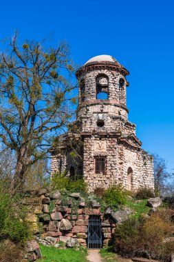 Schwetzingen, Almanya 'daki şato parkında, güneşli bir bahar günü, mavi gökyüzü, dikey