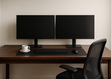 Modern ev ofisi çift monitörlü, flora ekranlı ve koyu ahşap masasında kahve fincanı olan.