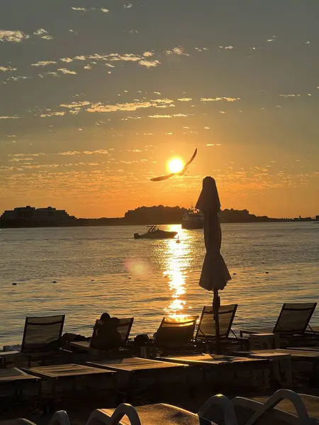 Sahilde bir kadının silueti.