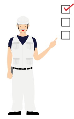 Marangoz kıdemli adam pozu, bir listeye işaret ediyor.