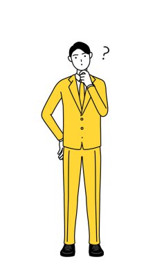 Soruları olan takım elbiseli bir iş adamının basit çizimi.