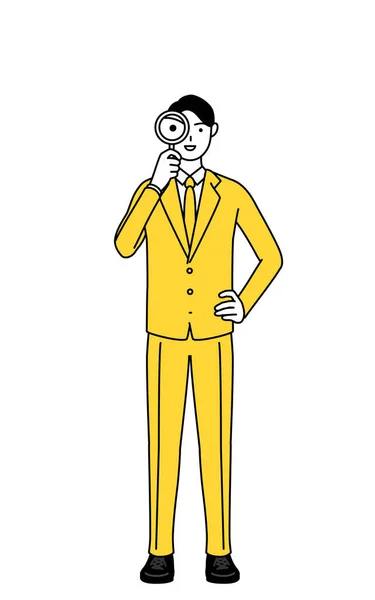 拡大鏡で見るスーツ姿のビジネスマンのシンプルな線画 — ストックベクタ