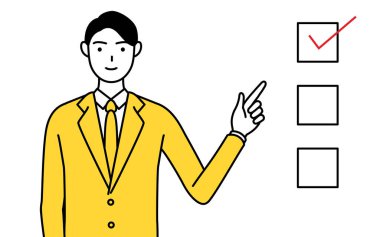 Takım elbiseli bir işadamının basit çizimleri listeyi işaret ediyor..