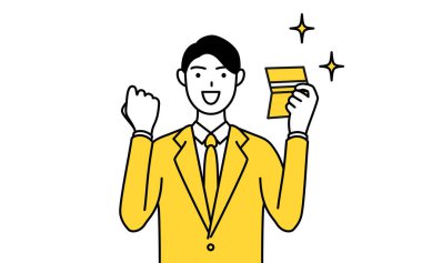 Takım elbiseli bir iş adamının basit çizimi. Banka defterini görmekten memnun olan bir iş adamı..