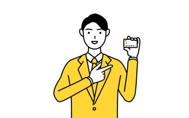 Kredi kartı ödemesi öneren takım elbiseli bir işadamının basit çizimi.