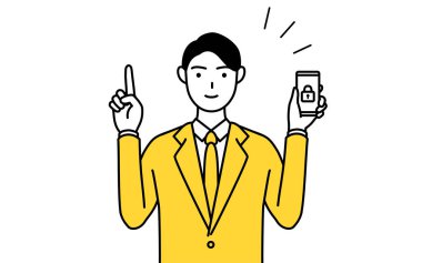 Takım elbiseli bir işadamının telefonu için güvenlik önlemleri aldığını gösteren basit bir çizim..