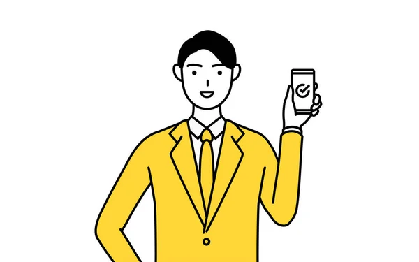 Desenho Linha Simples Ilustração Homem Negócios Terno Usando Smartphone Trabalho — Vetor de Stock