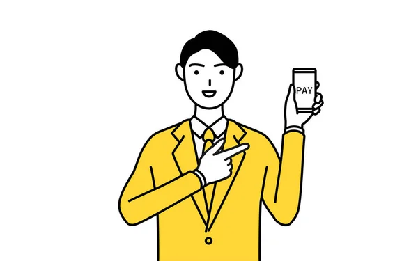 スマートフォンでオンラインでのキャッシュレス決済を推奨するスーツのビジネスマンの簡単な線画 — ストックベクタ