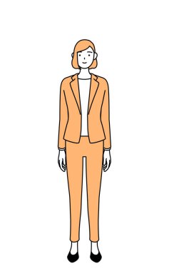 Simple line drawing illustration of a businesswoman in a suit with his hands folded in front of his body. clipart