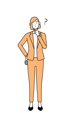 Soruları olan takım elbiseli bir iş kadınının basit çizimi.