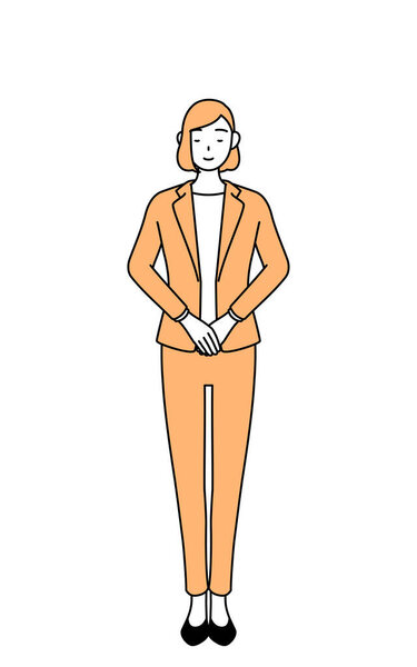 Простая линия рисунок иллюстрации деловая женщина в костюме слегка поклон.