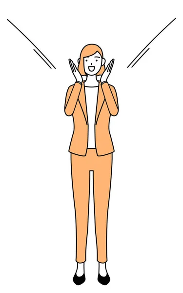 Jednoduchá Čára Kreslení Ilustrace Podnikatelky Obleku Volající Rukou Přes Ústa — Stockový vektor