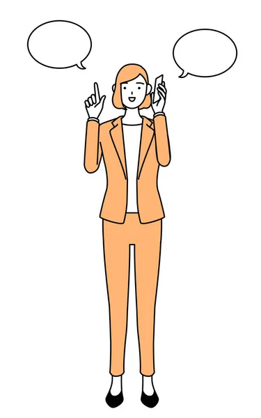 Simple Line Drawing Illustration Businesswoman Suit Pointing While Phone — Stock Vector
