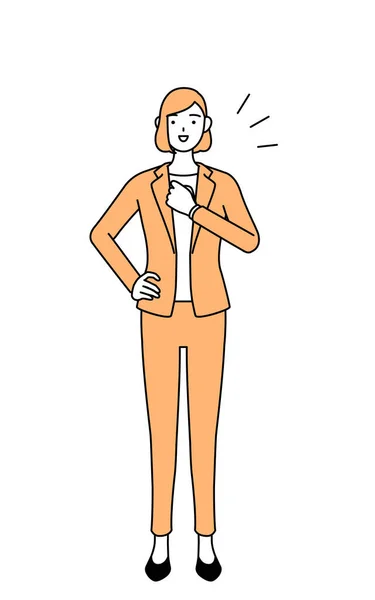 Egyszerű Vonalrajz Illusztráció Egy Öltönyös Üzletasszonyról Aki Megérinti Mellkasát — Stock Vector