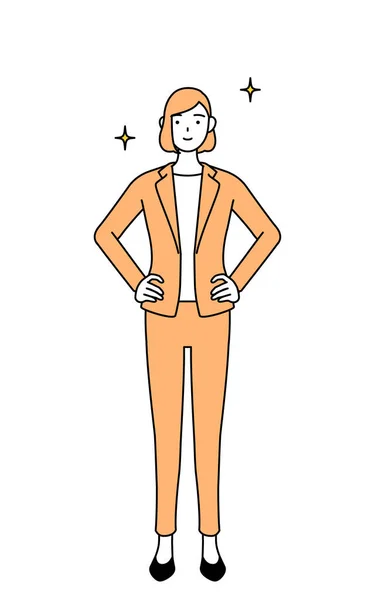 Desenho Linha Simples Ilustração Uma Mulher Negócios Terno Com Mãos —  Vetores de Stock