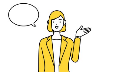 Takım elbiseli bir iş kadınının basit bir çizimi. Yol tarifi yapıyor, silinip gidiyor..