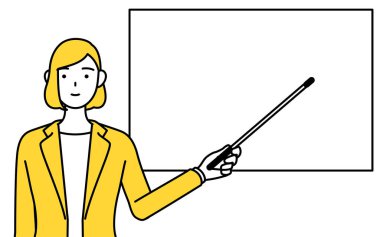 Takım elbiseli bir iş kadınının gösterge çubuğuyla beyaz tahtayı göstermesinin basit çizimi..