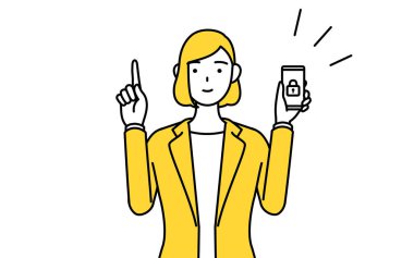 Takım elbiseli bir iş kadınının telefonu için güvenlik önlemleri aldığını gösteren basit bir çizim..