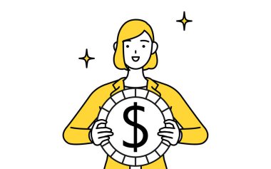 Takım elbiseli bir iş kadınının basit çizimi, dış ticaret kazançları ve dolar takdiri görüntüleri..