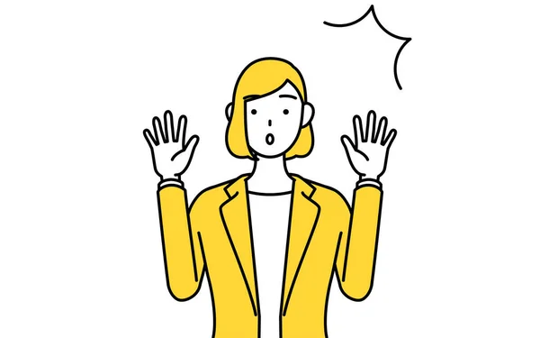 Simple Line Drawing Illustration Businesswoman Suit Raising His Hand Surprise — Stock Vector