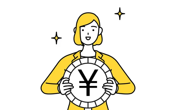 Enkel Linje Ritning Illustration Affärskvinna Kostym Bild Valutakursvinster Och Yen — Stock vektor