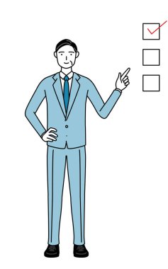 Üst düzey işadamları, yöneticiler, yöneticiler ve başkanların bir listeye işaret eden basit çizimler.