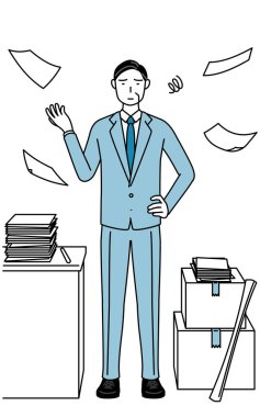 Onun organize olmayan işlerinden bıkmış kıdemli iş adamları, yöneticiler, yöneticiler ve başkanların basit çizimleri..