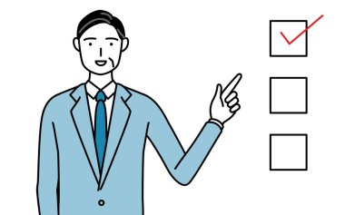 Üst düzey işadamları, yöneticiler, yöneticiler ve başkanların bir listeye işaret eden basit çizimler.