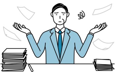Onun organize olmayan işlerinden bıkmış kıdemli iş adamları, yöneticiler, yöneticiler ve başkanların basit çizimleri..