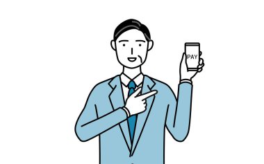 Üst düzey iş adamları, yöneticiler, yöneticiler ve başkanların akıllı bir telefon üzerinden parasız online ödeme önerilerinin basit çizimi.