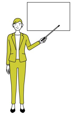 Takım elbiseli yaşlı bir kadının basit çizimi, kadın müdür, kariyer sahibi bir kadının gösterge çubuğuyla beyaz tahtayı göstermesi..