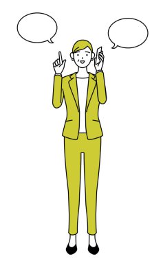 Takım elbiseli yaşlı bir kadının basit çizimi, bayan menajer, telefonda iş kadını....