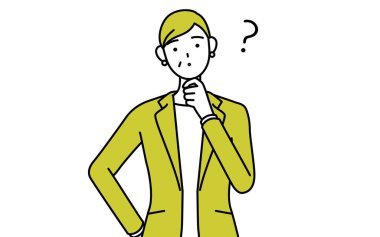 Takım elbiseli yaşlı bir kadının basit çizimi. Kadın menajer. Soruları olan kariyer kadını..