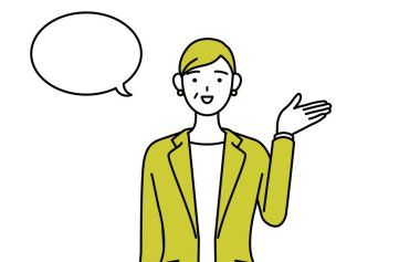 Takım elbiseli yaşlı bir kadının basit çizimi, kadın menajer, kariyer sahibi bir kadın, bir silme ile yön veriyor..