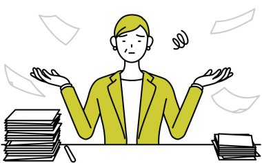 Takım elbiseli yaşlı bir kadının basit çizimi, kadın menajer, düzensiz işinden bıkmış kariyer kadını..