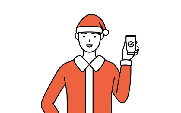 Illustration Simple Homme Habillé Père Noël Aide Smartphone Travail — Image vectorielle