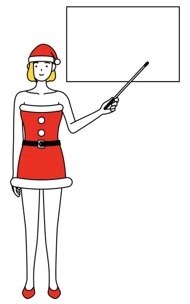 Illustration Simple Une Femme Habillée Père Noël Pointant Vers Tableau — Image vectorielle