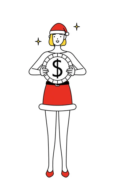 Eenvoudige Lijn Tekening Illustratie Van Een Vrouw Verkleed Als Kerstman — Stockvector