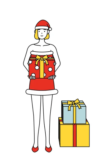 Femme Habillée Père Noël Tenant Cadeau — Image vectorielle