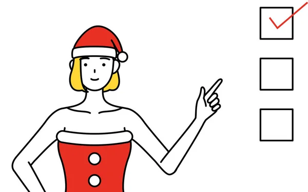 Illustration Simple Une Femme Habillée Père Noël Pointant Vers Une — Image vectorielle