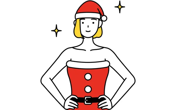 一个女人穿着圣诞老人的衣服 双手放在臀上的简单线条图 — 图库矢量图片