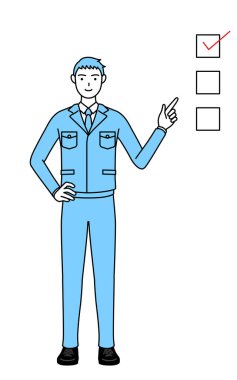 İş kıyafetleri içindeki bir adamın kontrol listesini gösteren basit çizgi çizimi.