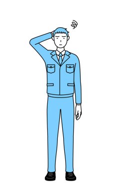 İş kıyafetleri içinde başını kaşıyan bir adamın basit çizimi..