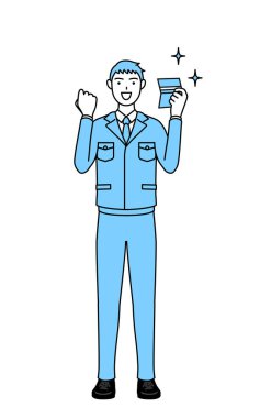 İş kıyafetleri içindeki bir adamın basit çizimi. Banka defterini görmekten memnun olan bir adam..