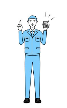 İş kıyafetleri içinde elinde hesap makinesi olan bir adamın basit çizimi..