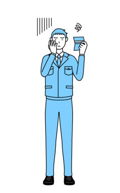 İş kıyafetleri içindeki bir adamın banka defterine bakıp depresyonda olduğunu gösteren basit bir çizim..