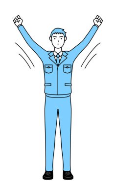 İş kıyafetleri içinde radyo jimnastiği yapan bir adamın basit çizimi, kaza önleme hazırlığı.