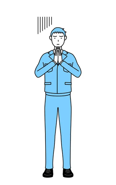 Dessin Simple Homme Vêtements Travail Excusant Avec Ses Mains Devant — Image vectorielle