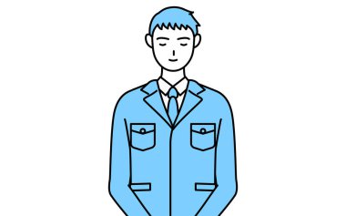 İş kıyafetleri içinde elleri vücudunun önünde katlanmış bir adamın basit çizimi..